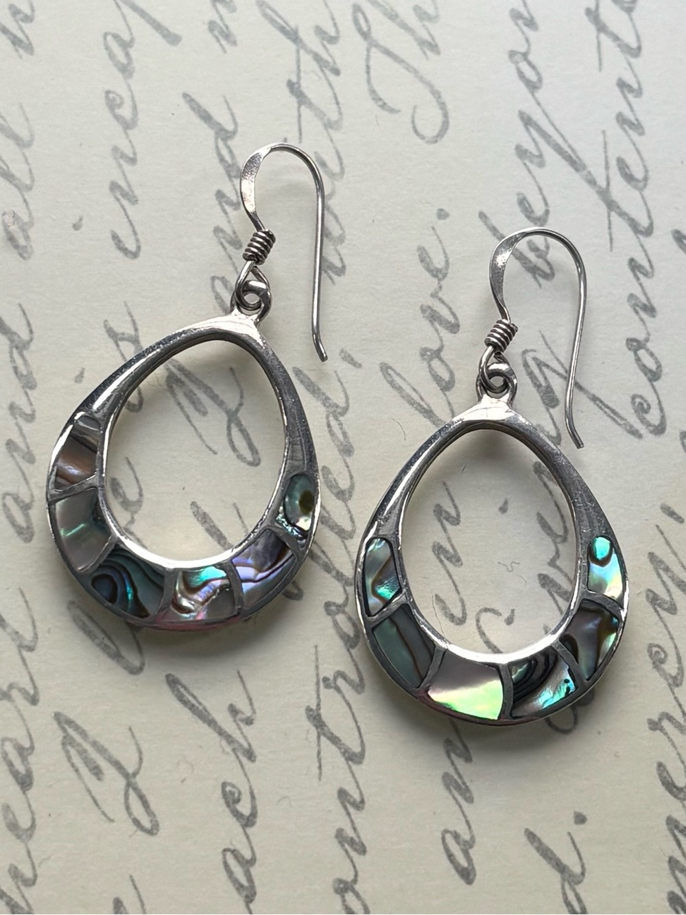 Sterling Silver Abalone Inlay Teardrop Dangle Earrings - Iridescent